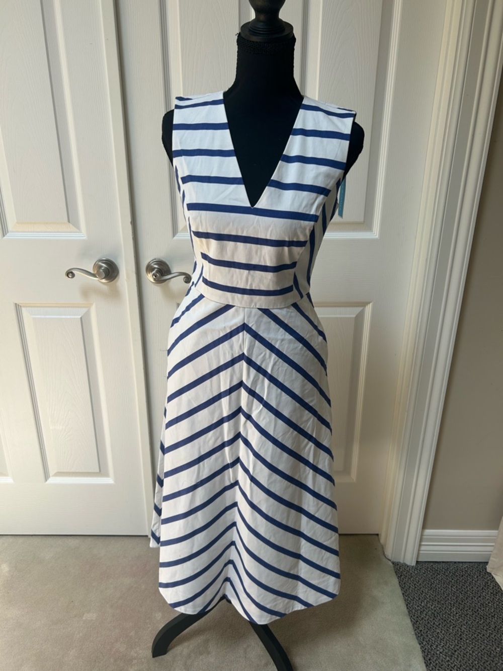 Draper James Classic White & Navy Striped V-Neck fit flare Dress